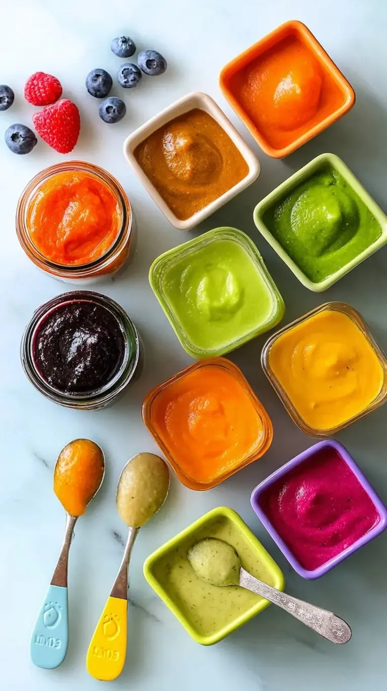 A variety of colorful single-ingredient baby food purees in small glass jars on a clean white surface.