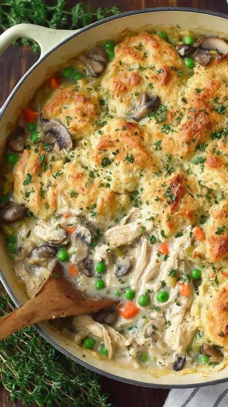 A shallow bowl filled with creamy chicken pot pie filling featuring peas, carrots, and herbs.