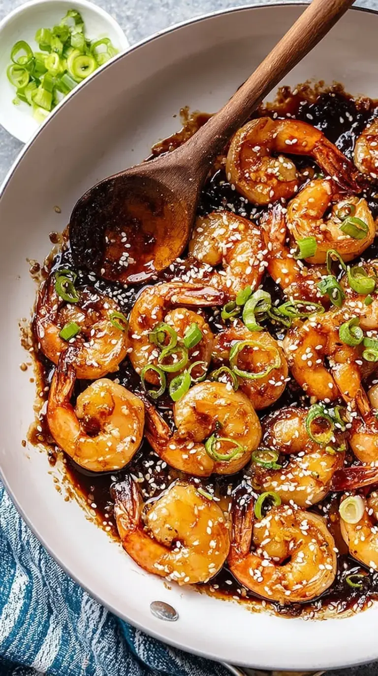 Glazed honey garlic shrimp in a skillet topped with green onions and sesame seeds