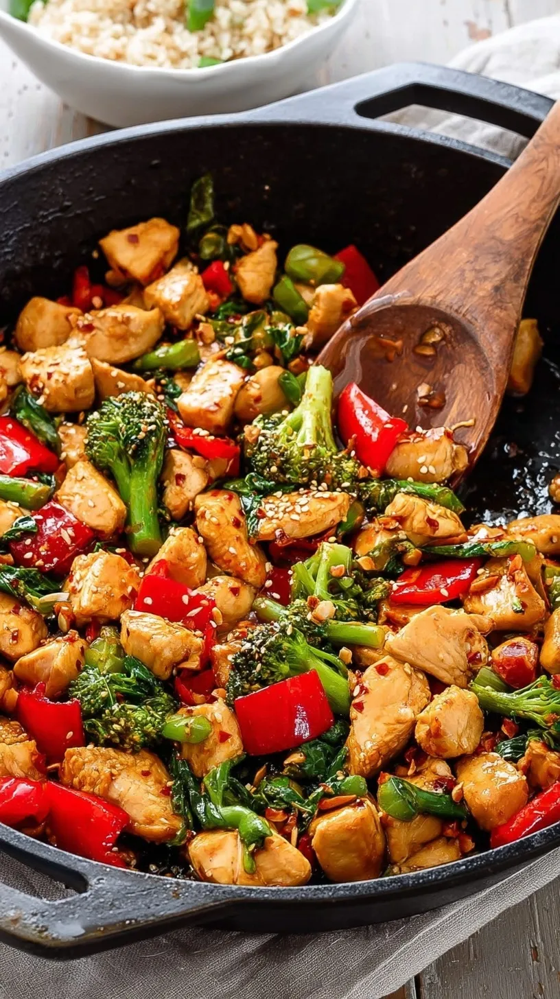 A vibrant stir-fry of healthy kung pao chicken with red peppers, zucchini, and peanuts in a glossy sauce.
