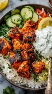 A colorful bowl featuring charred tandoori salmon cubes, fresh cucumber, and red onion over fluffy white rice.