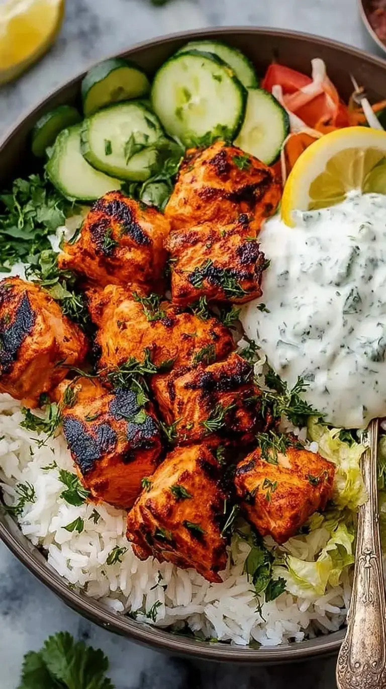 A colorful bowl featuring charred tandoori salmon cubes, fresh cucumber, and red onion over fluffy white rice.