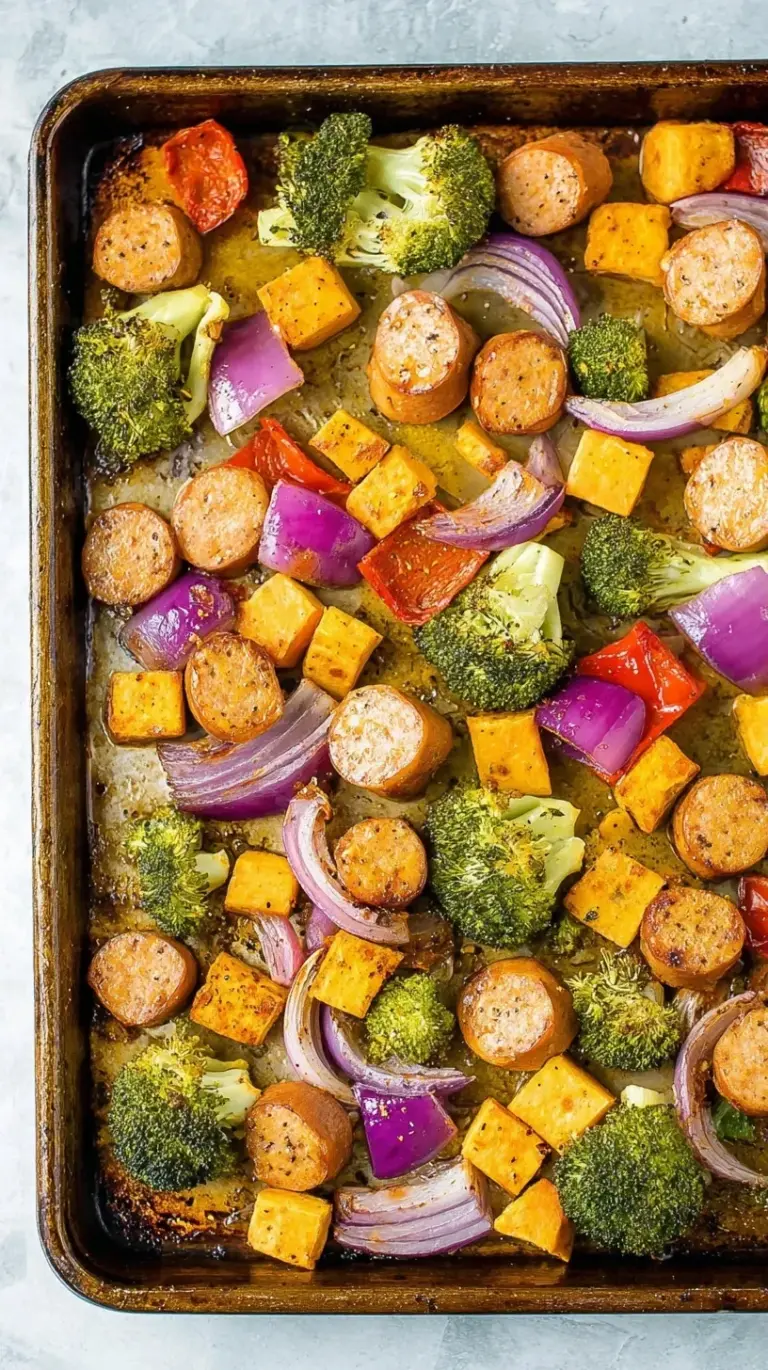 A colorful sheet pan dinner with roasted chicken, broccoli, and sweet potatoes on parchment paper.
