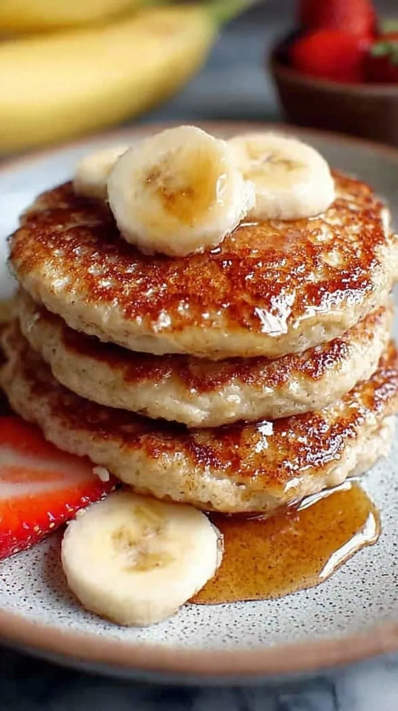 A stack of golden brown banana oatmeal pancakes topped with fresh berries and maple syrup