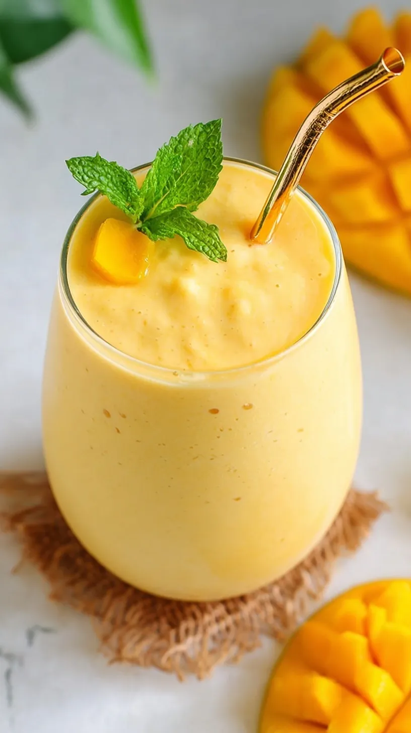 A tall glass of creamy golden mango smoothie with a fresh mint garnish on a sunny table.