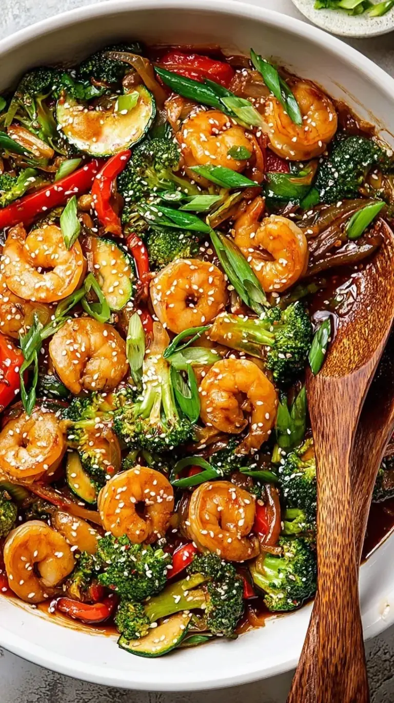 A colorful shrimp stir fry with broccoli and red bell peppers in a dark skillet