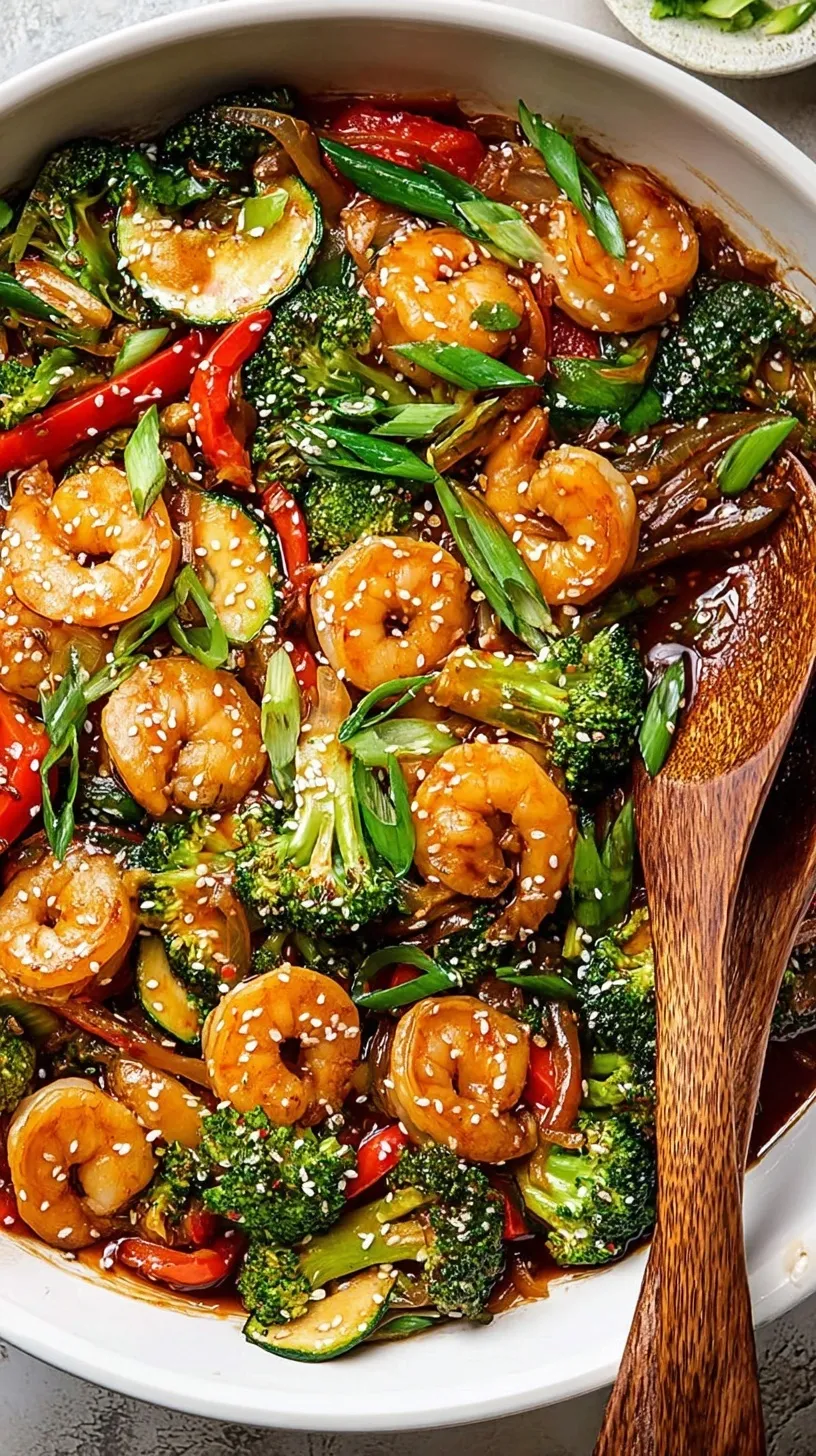 A colorful shrimp stir fry with broccoli and red bell peppers in a dark skillet