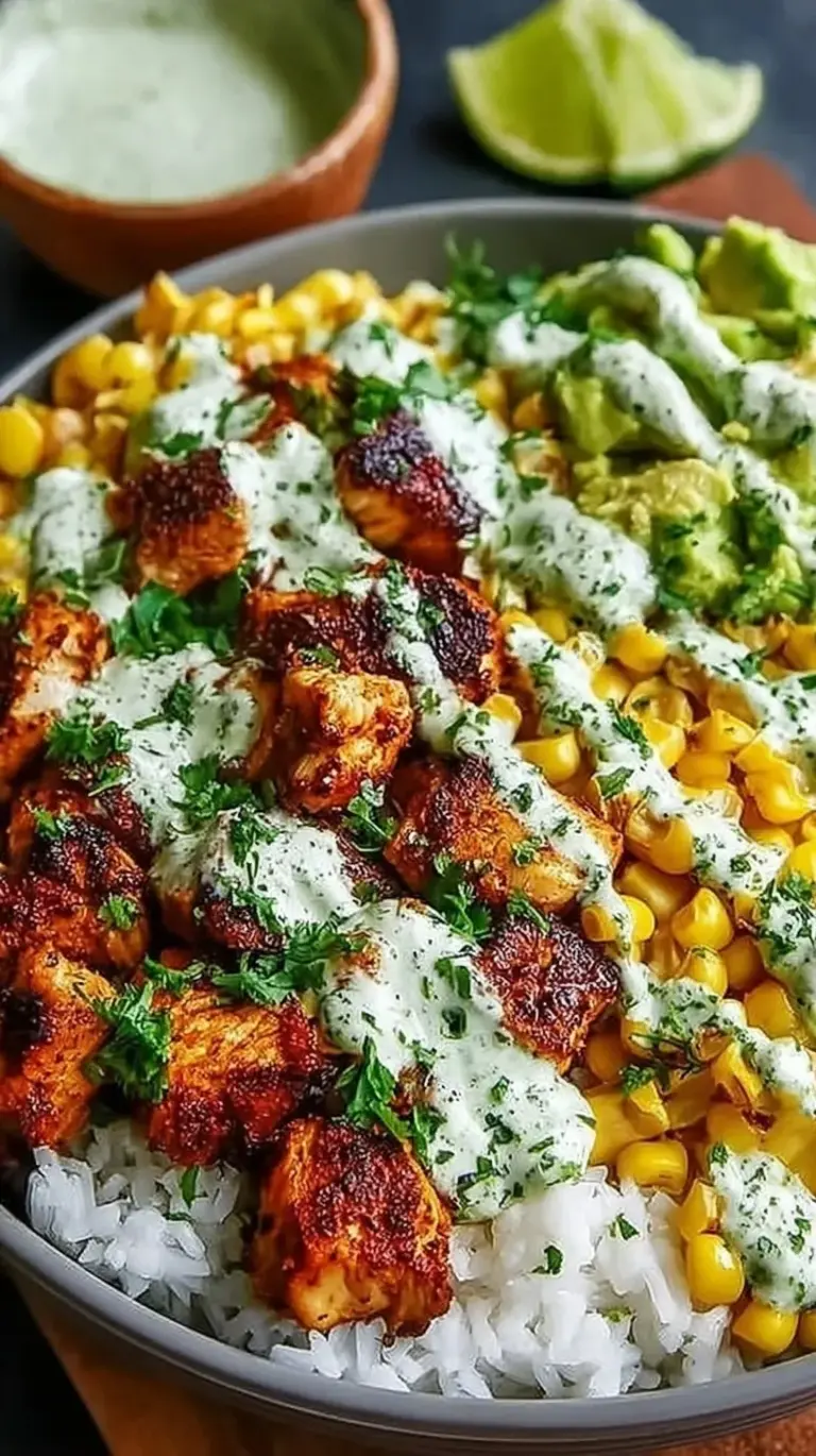 A vibrant rice bowl topped with seasoned chicken, charred corn, cotija cheese, and fresh lime.