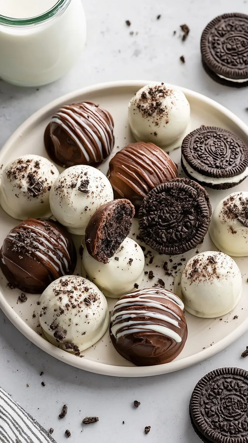 A platter of white chocolate covered Oreo truffles with dark chocolate drizzle and cookie crumbs.