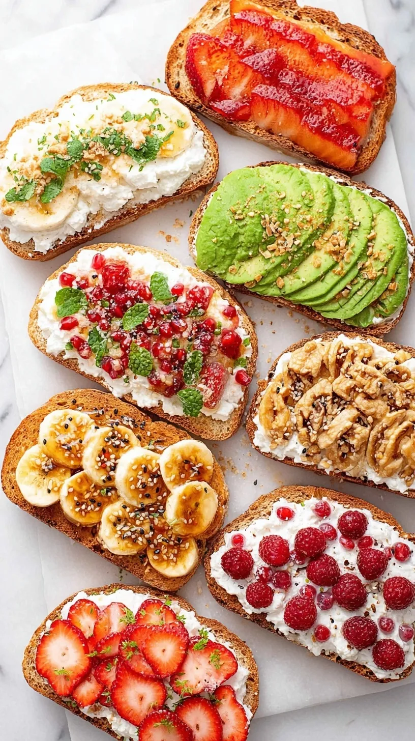 Six slices of colorful cottage cheese toast with various toppings like berries, avocado, and cucumber on a wooden board.