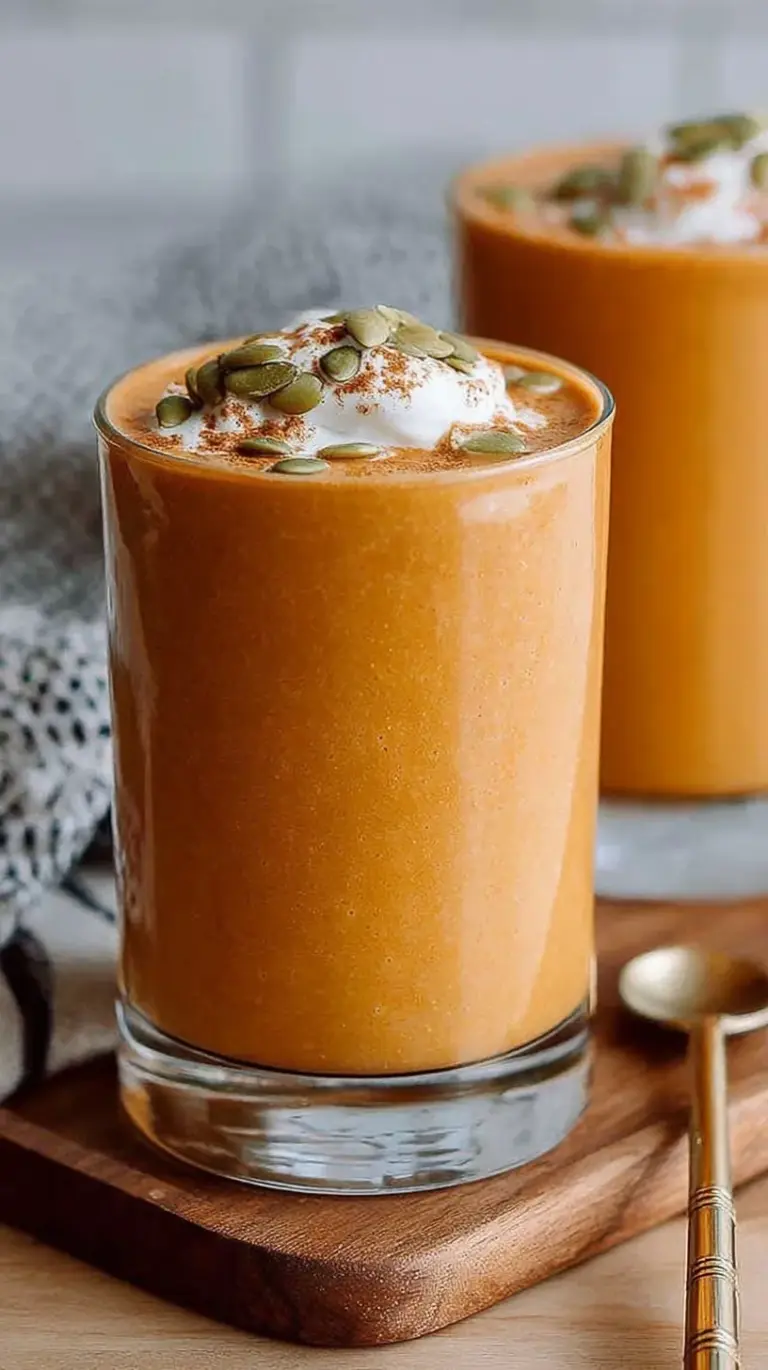 A creamy orange pumpkin pie smoothie in a glass with a sprinkle of spice on top.