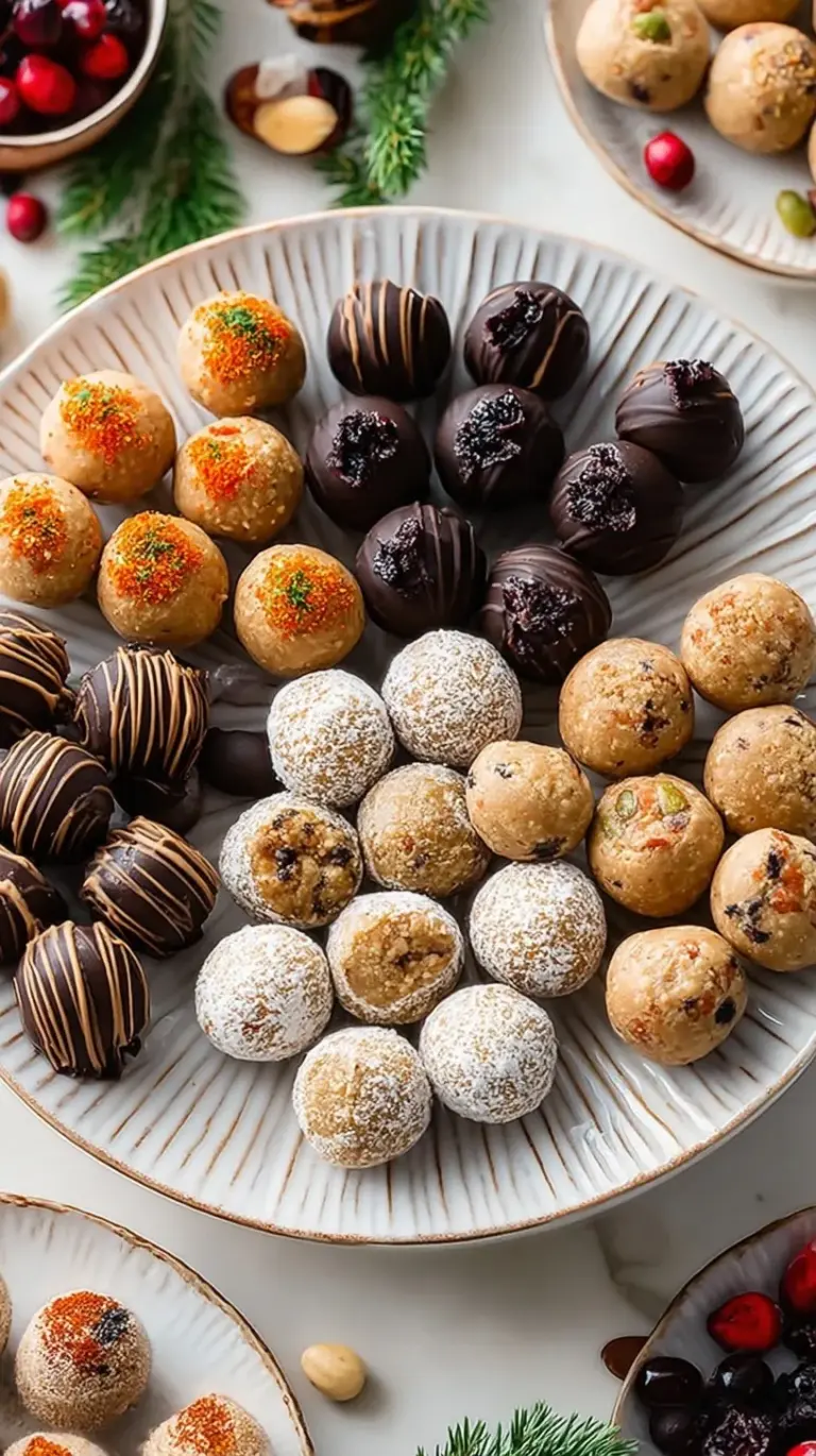 Six round festive protein balls with dried cranberries on a parchment-lined tray