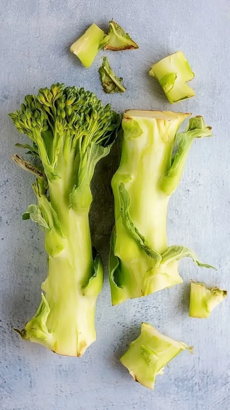 Sliced and peeled broccoli stems on a wooden cutting board ready for cooking.