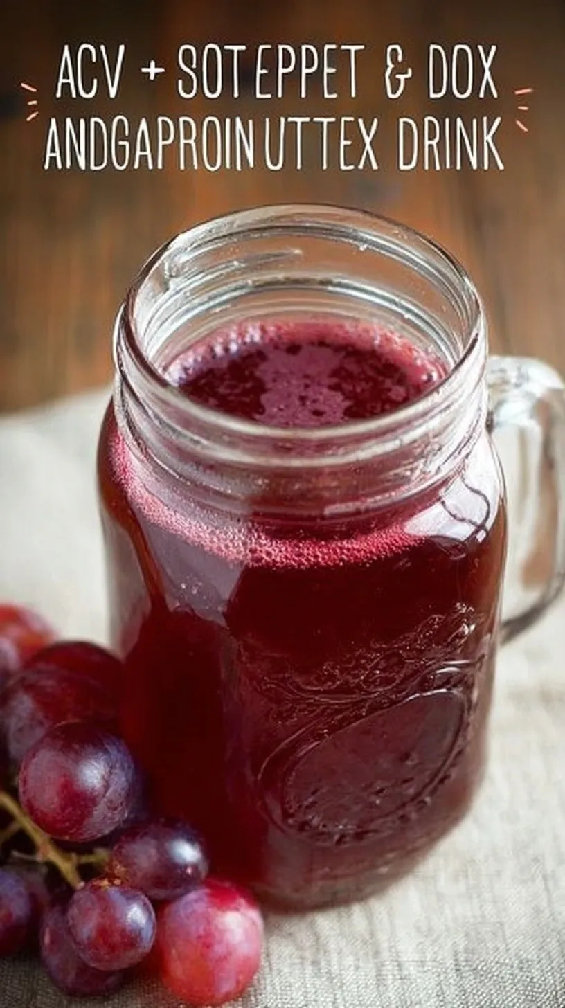 A tall glass of purple grape antioxidant drink with ice cubes and a splash of apple cider vinegar.