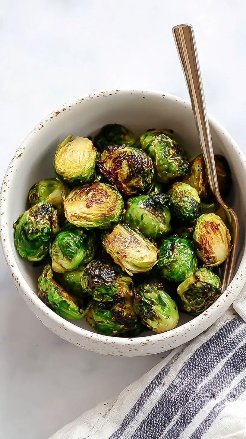 Crispy charred air fryer brussels sprouts drizzled with dark balsamic glaze in a white serving bowl