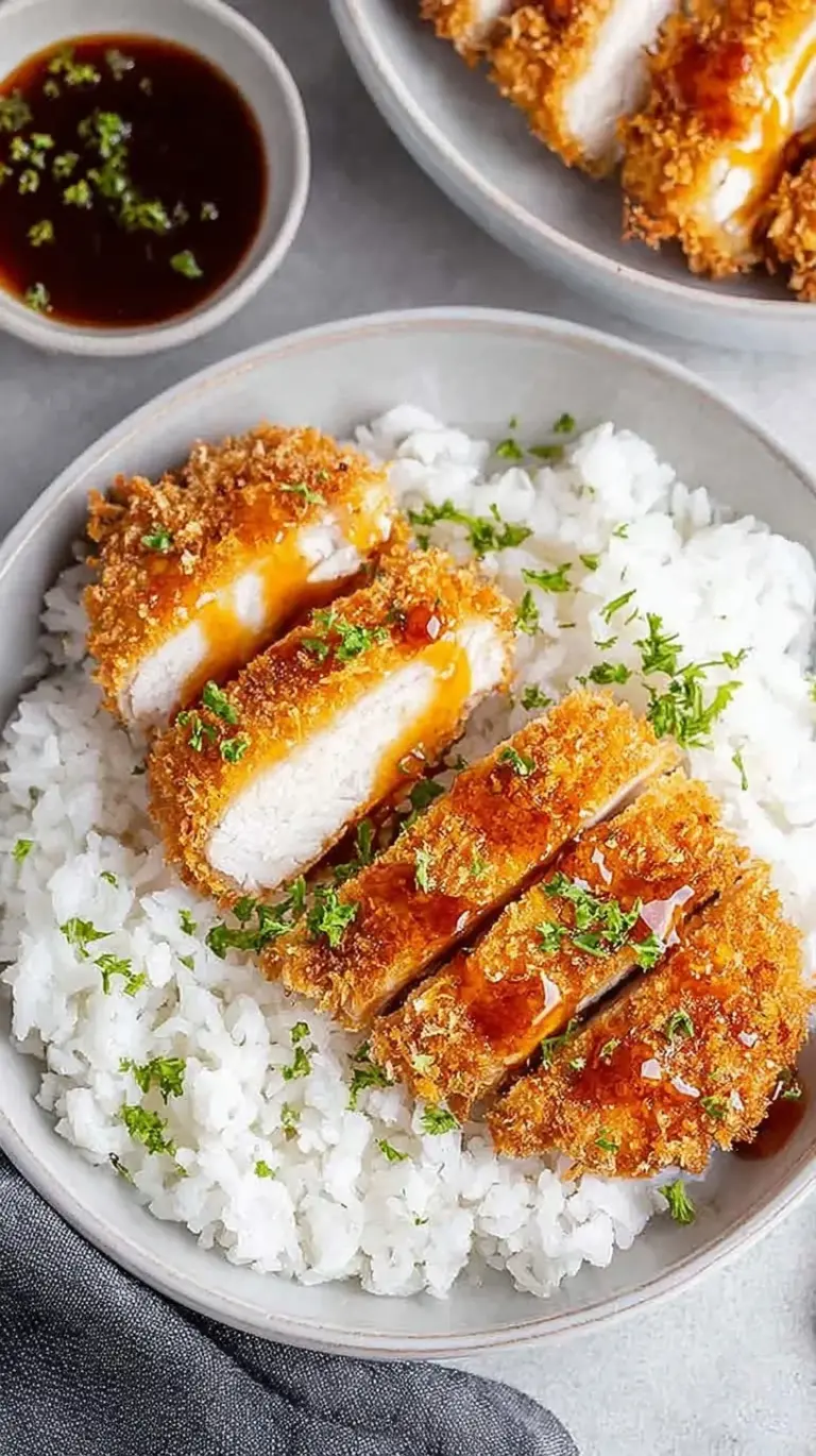 Golden brown crispy Air Fryer Chicken Katsu sliced on a plate with rice and cabbage