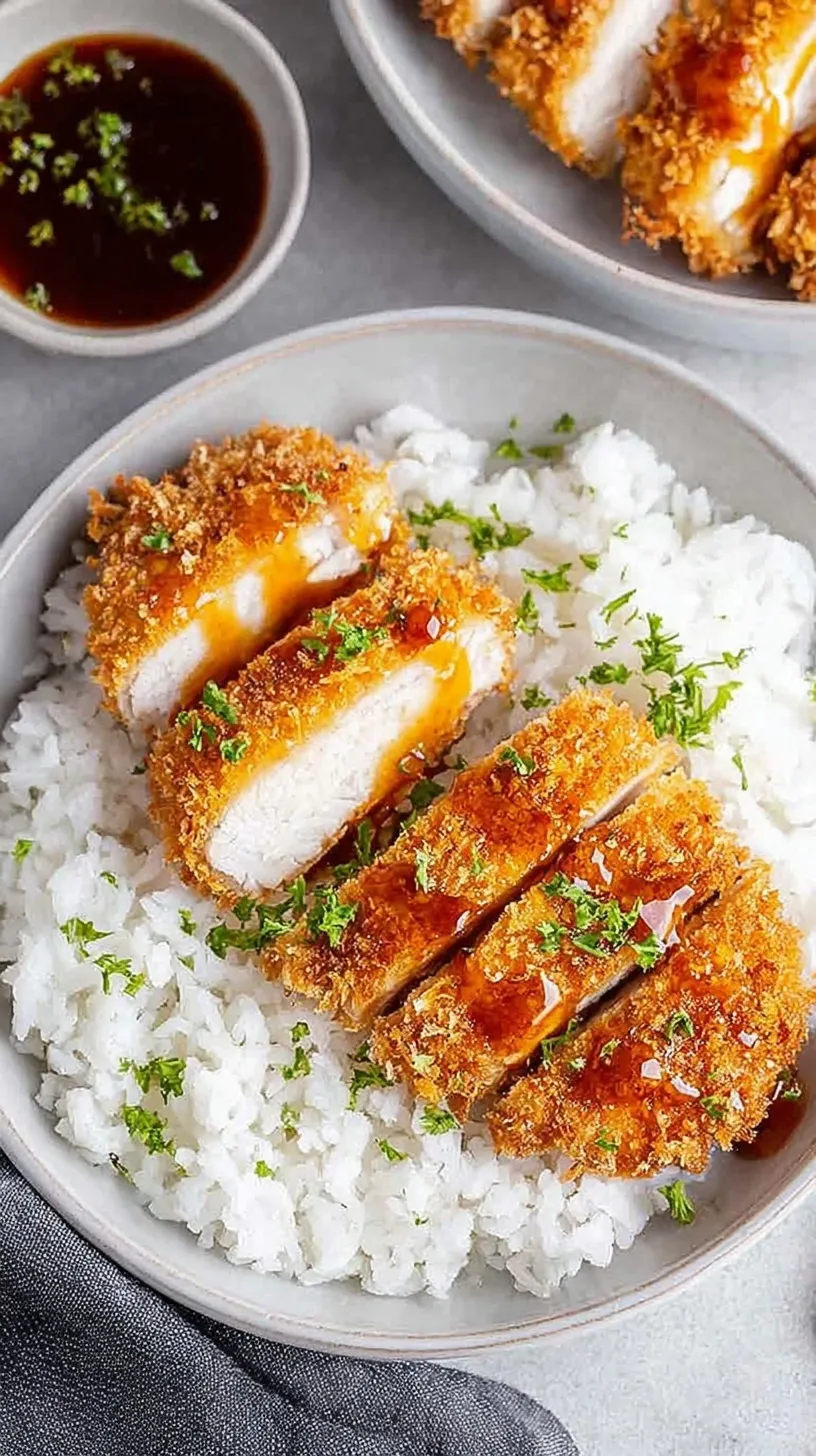 Golden brown crispy Air Fryer Chicken Katsu sliced on a plate with rice and cabbage