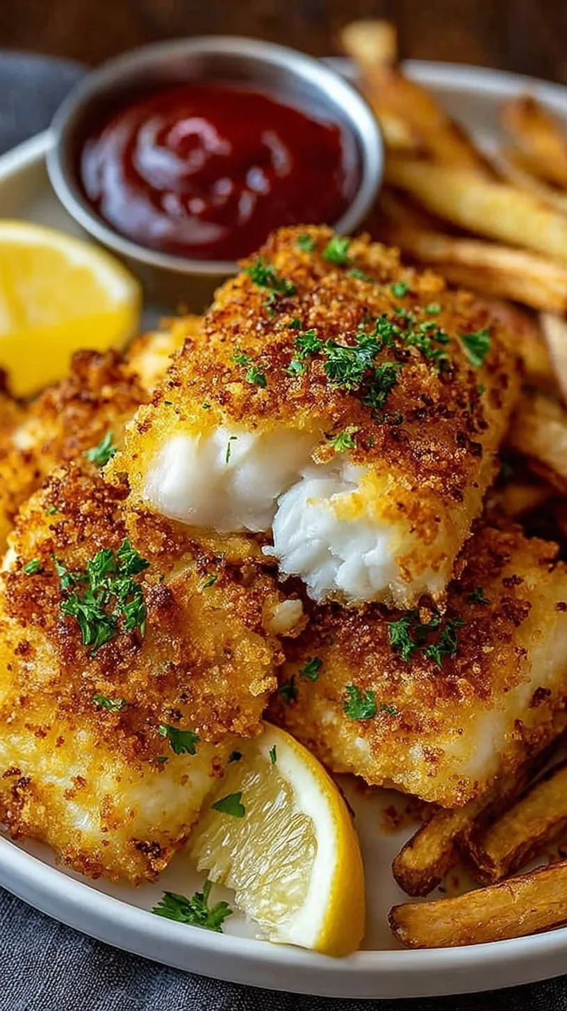 Golden crispy air fried fish fillets served with thick cut potato wedges and a lemon slice.