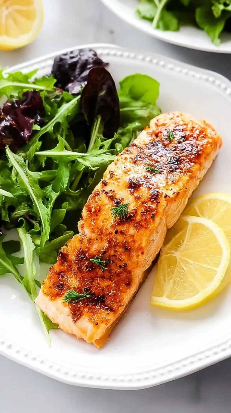 Two seasoned salmon fillets cooked to golden perfection in an air fryer basket with lemon wedges.