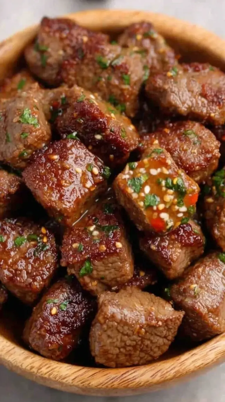 Tender air fryer steak bites drizzled with butter and fresh parsley in a bowl