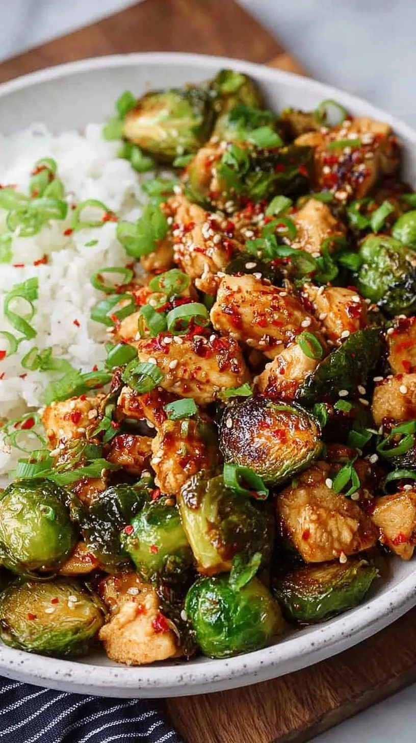 Crispy air fried chicken cubes and charred Brussels sprouts tossed in a glossy sweet chili sauce