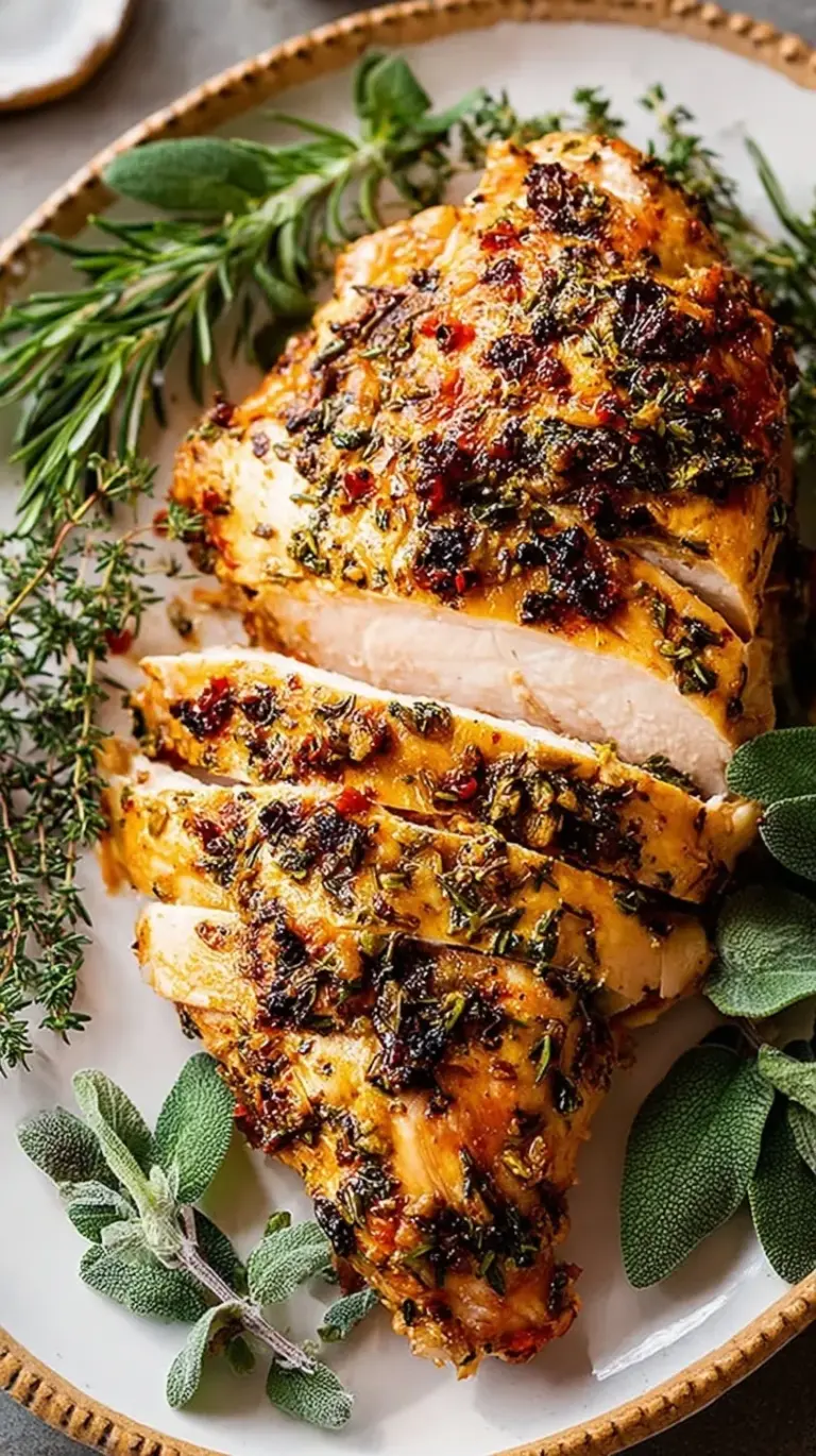 A sliced herb-rubbed turkey breast cooked to golden perfection in an air fryer.