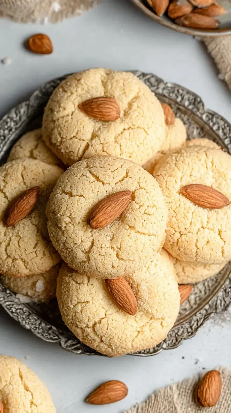 A tray of golden brown traditional almond cookies topped with whole blanched almonds.