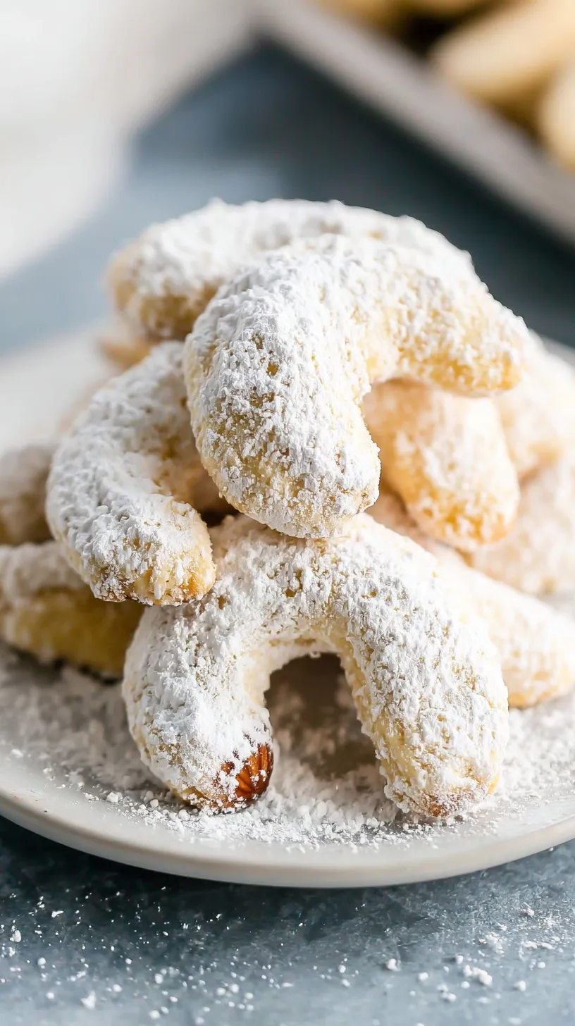 Snowy almond crescent cookies stacked on a white plate with a cup of tea
