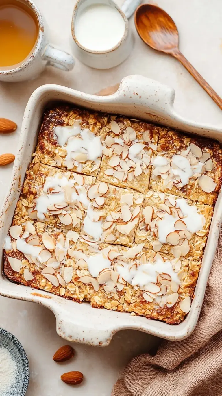 Golden brown almond croissant baked oatmeal topped with sliced almonds in a square baking dish.