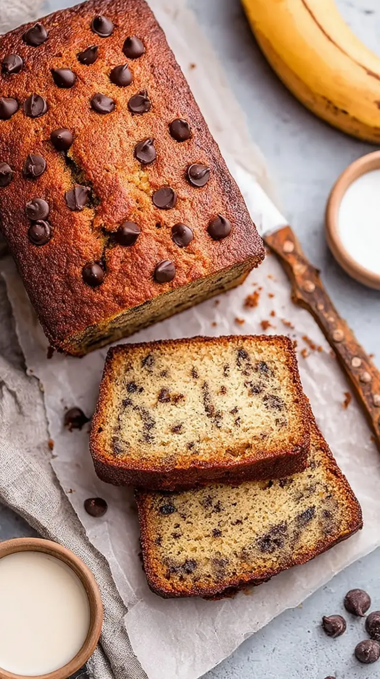 A sliced loaf of golden almond flour banana bread on a wooden board with fresh bananas nearby.