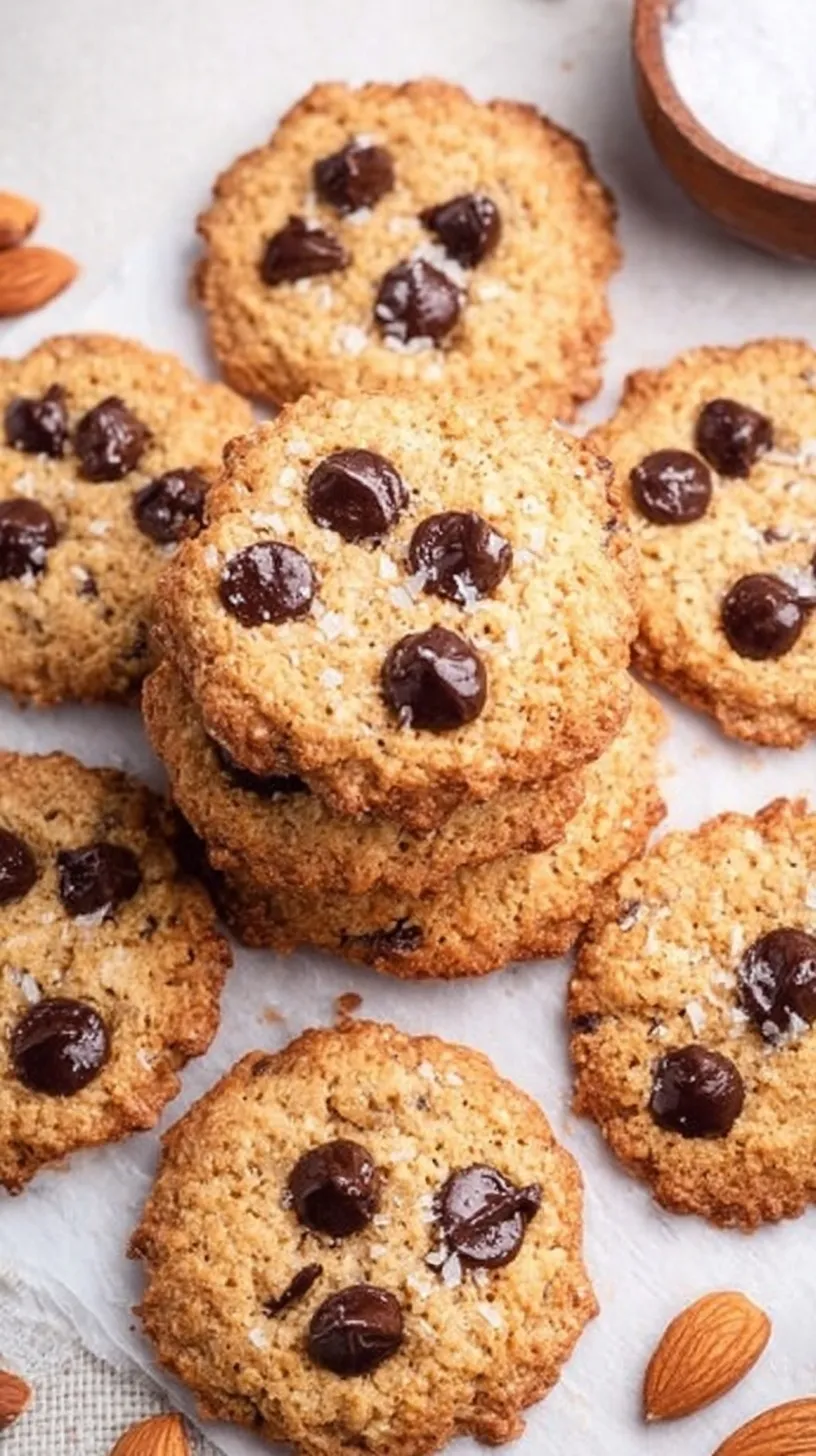A stack of golden brown almond flour chocolate chip cookies on a white plate