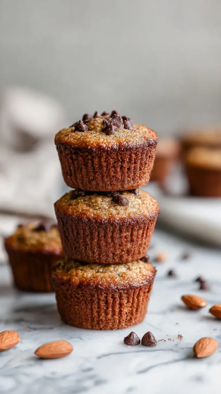 Golden brown almond flour muffins in a paper-lined tin on a cooling rack.