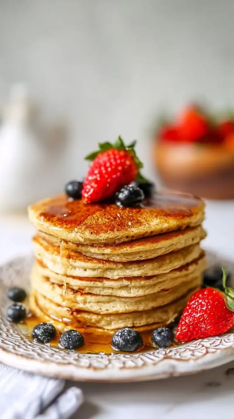 A stack of golden almond flour pancakes topped with fresh berries and maple syrup