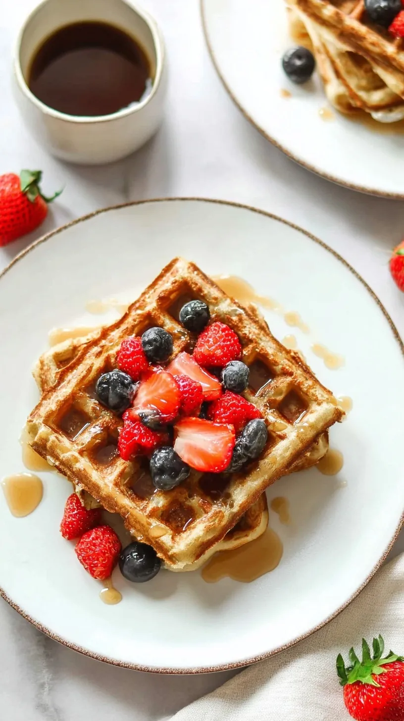 Golden brown almond flour waffles stacked on a plate with fresh berries and syrup