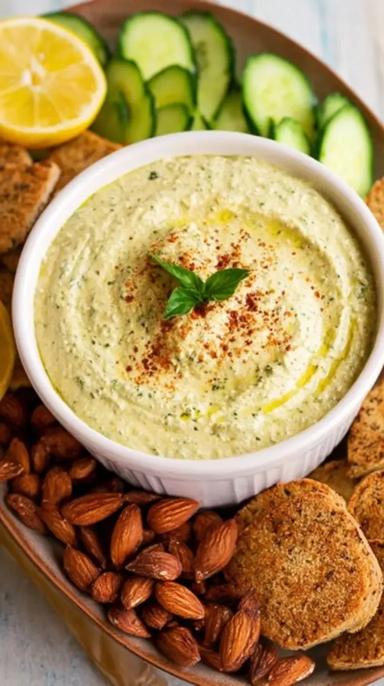 A bowl of vibrant green almond pesto with toasted almonds and fresh basil leaves on a wooden table.