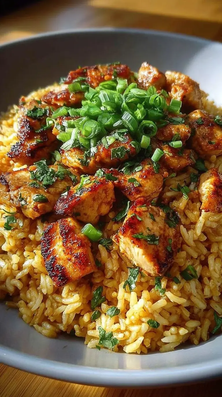 A steaming bowl of garlic chicken and rice topped with fresh green parsley.