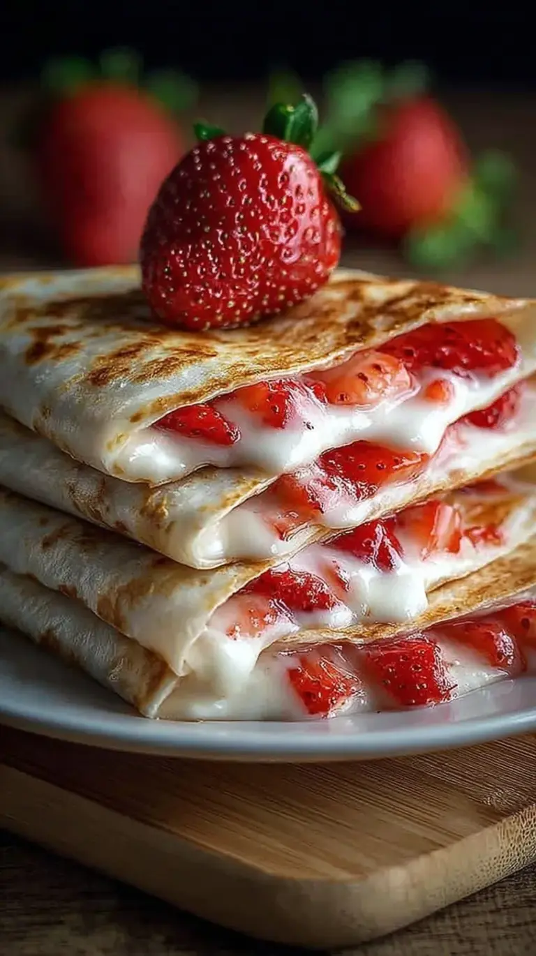 Golden brown quesadillas filled with melted cream cheese and sliced fresh strawberries