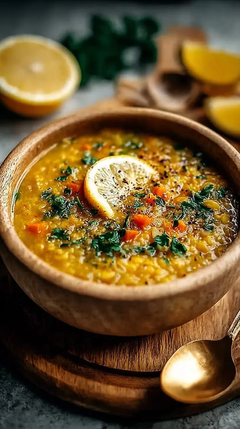 A steaming bowl of vibrant yellow lentil soup with fresh spinach and lemon slices on a wooden table.