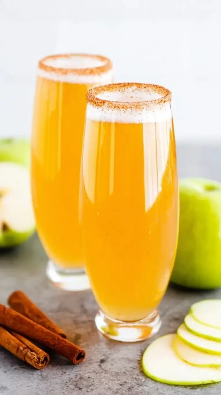 Four champagne flutes filled with apple cider mimosas and topped with apple slices