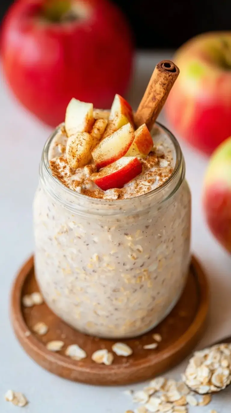 A glass jar filled with creamy apple cinnamon overnight oats topped with dried apples and cinnamon.