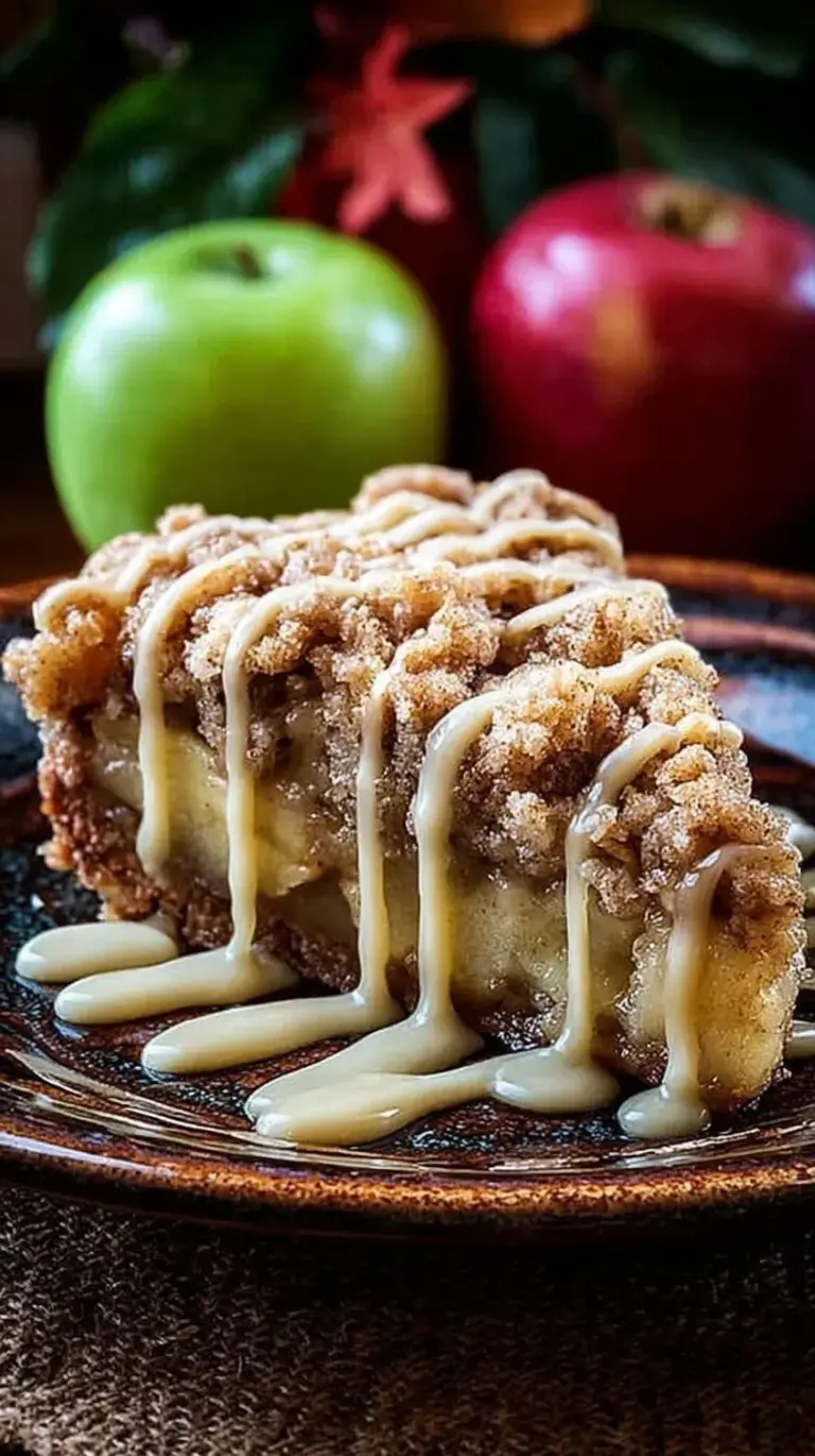 A square slice of apple crumb cake with thick streusel topping and a white cinnamon glaze drizzle on a white plate.
