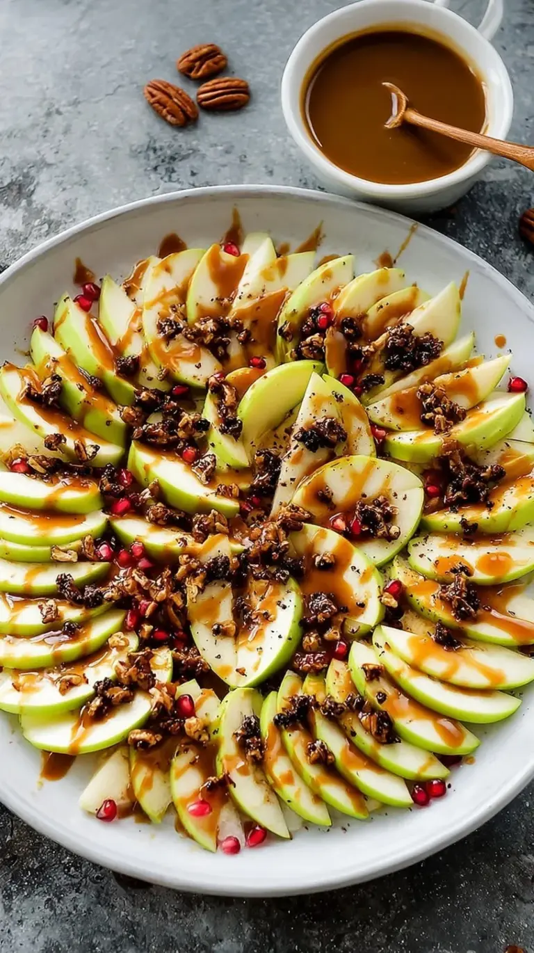 A platter of sliced apples drizzled with date caramel and topped with almonds and chocolate chips