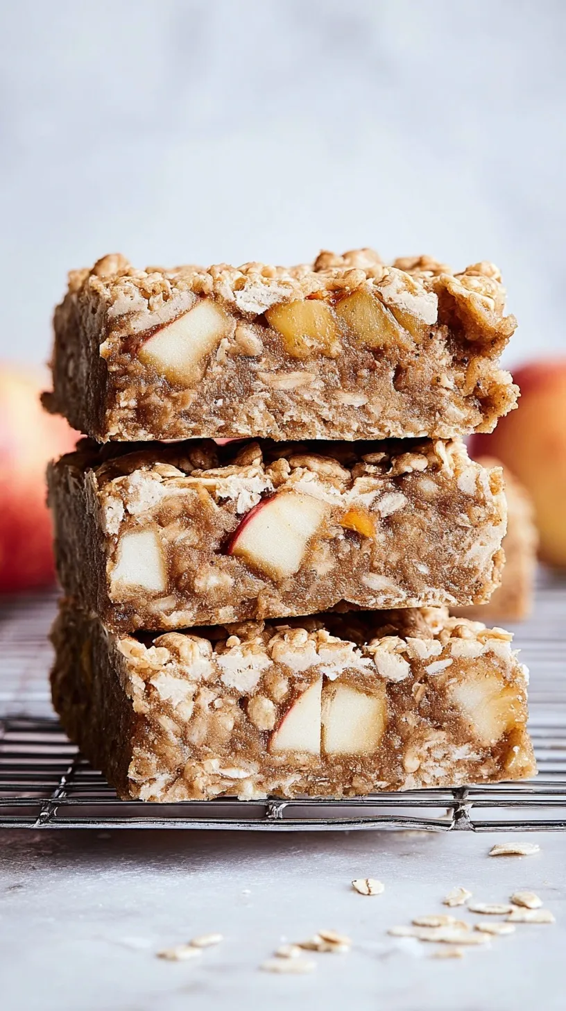 A stack of golden brown apple oatmeal bars with a visible cinnamon apple layer
