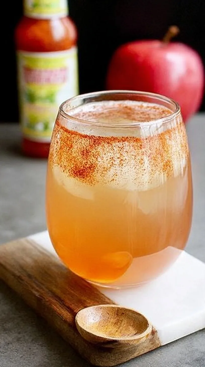 A steaming mug of Apple Pie ACV drink with a cinnamon stick and autumn leaves in the background