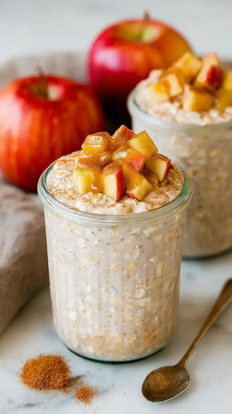 A glass jar filled with creamy apple pie overnight oats topped with fresh apple slices and a dash of cinnamon