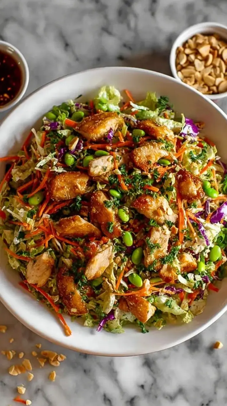 A bowl of Asian Chicken Crunch Salad with shredded cabbage, carrots, chicken, and almonds topped with sesame dressing.