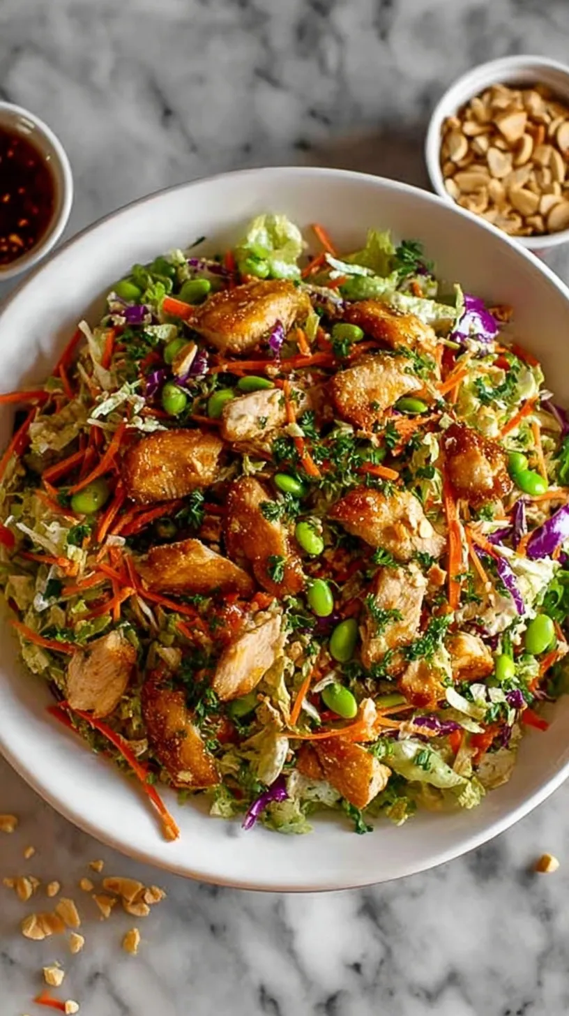 A bowl of Asian Chicken Crunch Salad with shredded cabbage, carrots, chicken, and almonds topped with sesame dressing.