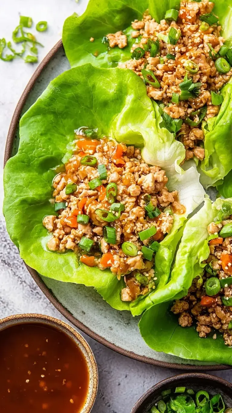 Savory ground chicken in fresh green lettuce leaves with green onion garnish
