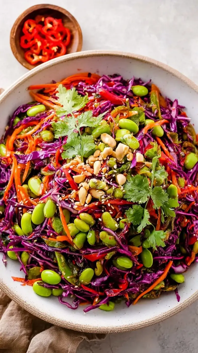 A colorful bowl of Asian Edamame Salad with red peppers, carrots, and sesame seeds in a dark soy dressing.