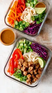 Four glass meal prep containers filled with rice noodles, julienned carrots, cucumbers, and edamame.